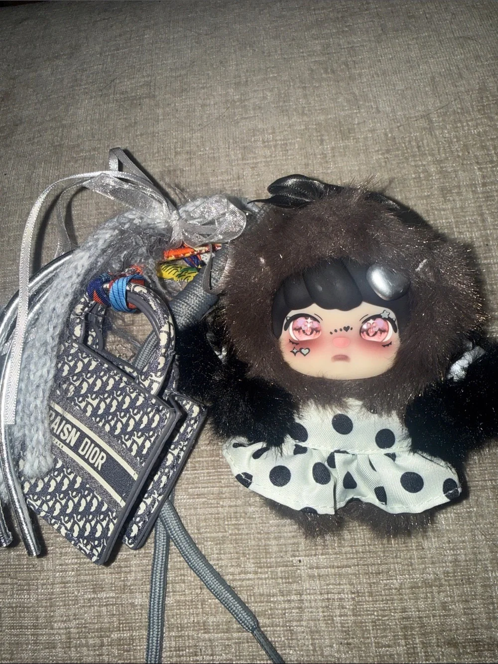 Lokiki Dior Black and White Polka Dot Doll Keychain Charm w card